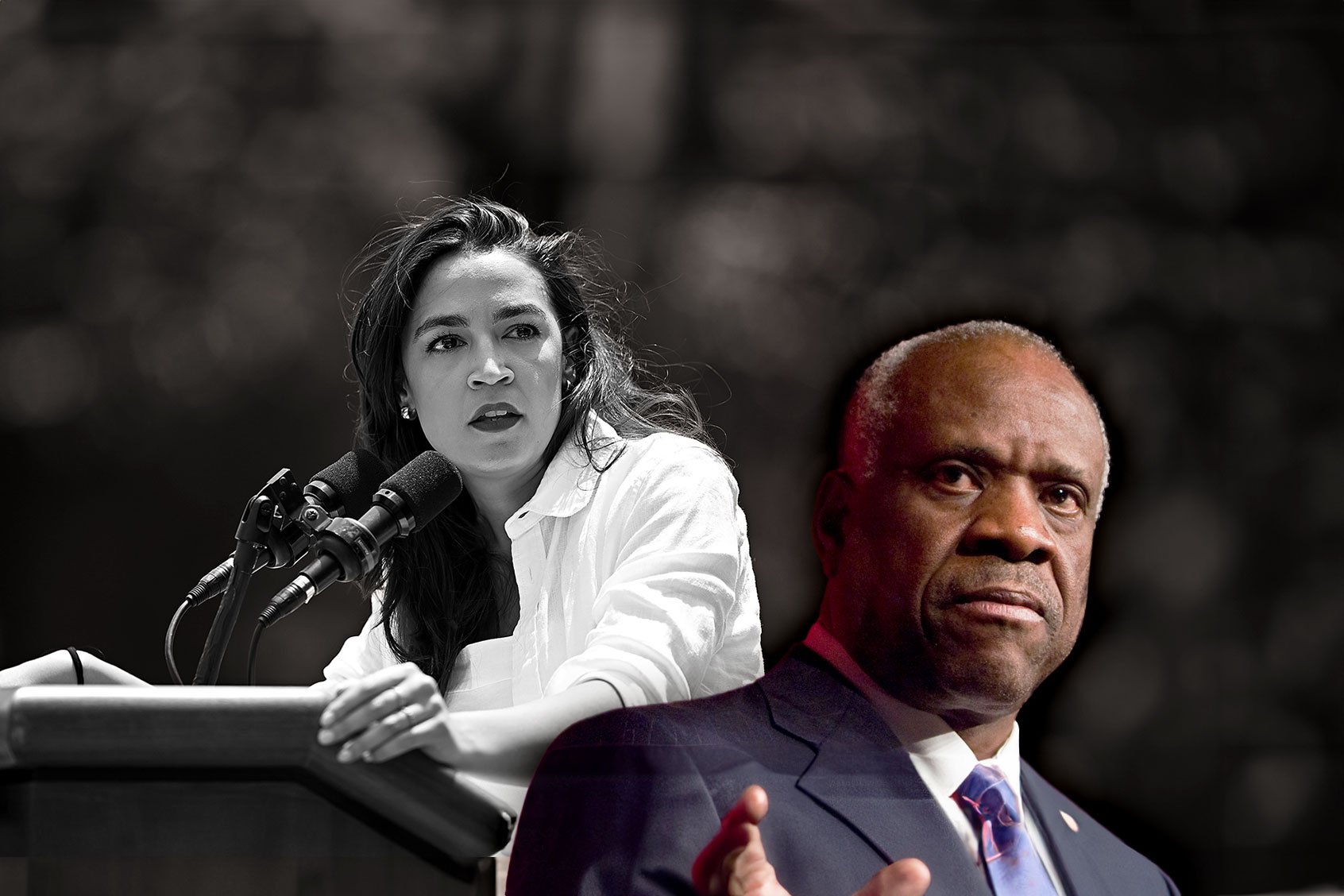 Alexandria Ocasio-Cortez and Clarence Thomas (Photo illustration by Salon/Getty Images)