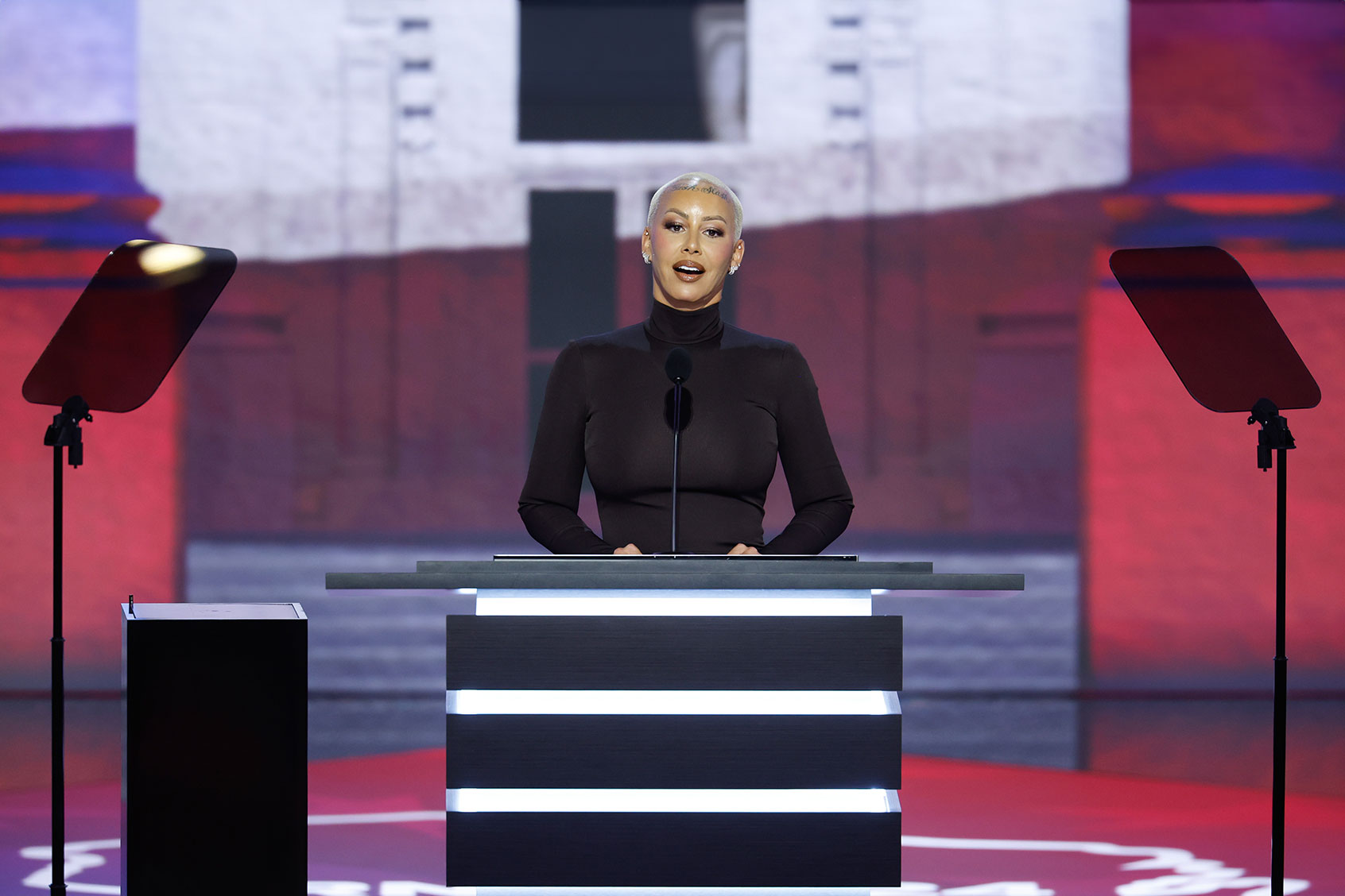 Rapper & Influencer Amber Rose appears on stage on the first day of the Republican National Convention at the Fiserv Forum on July 15, 2024 in Milwaukee, Wisconsin. (Chip Somodevilla/Getty Images)