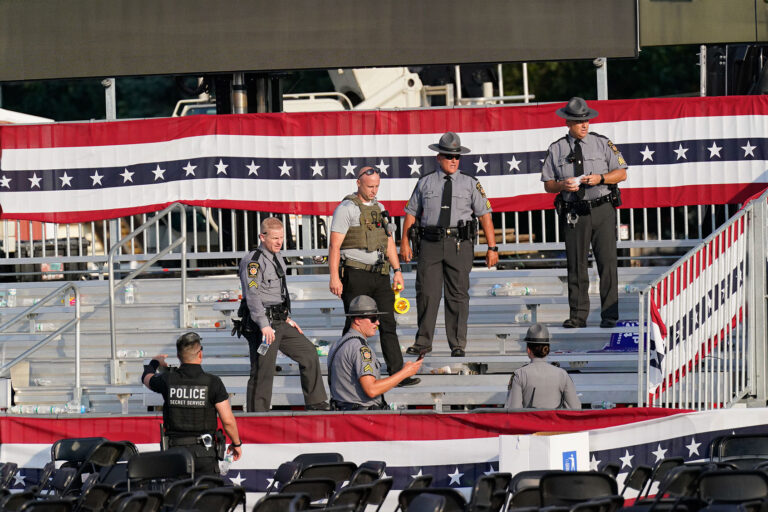 Members of law enforcement at a campaign rally site for Republican presidential candidate former President Donald Trump in Butler, Pennsylvania on Saturday, July 13, 2024. (Jabin Botsford/The Washington Post via Getty Images)