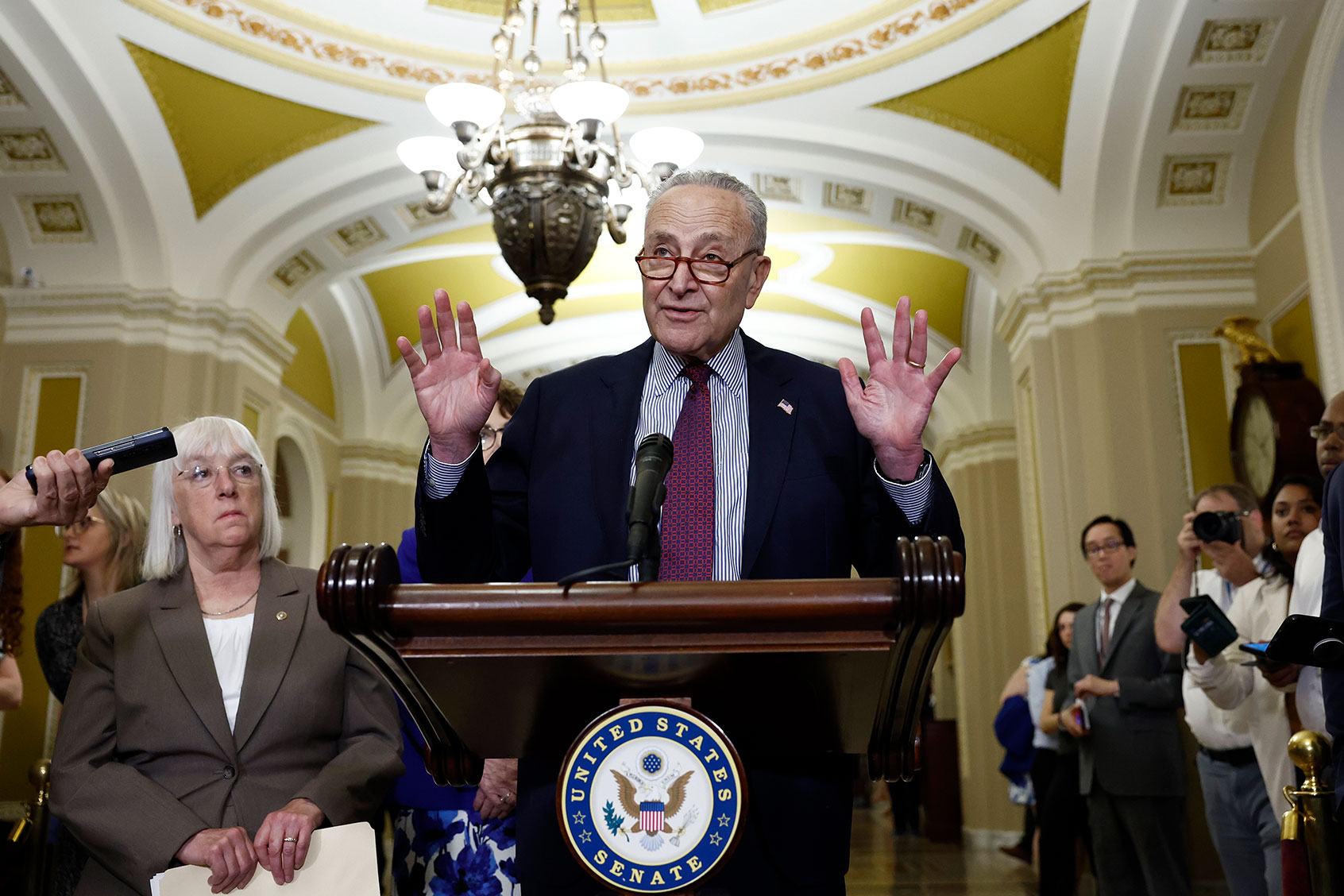 Senate Majority Leader Chuck Schumer (D-NY) speaks during a news conference following the weekly Senate Democratic policy luncheon at the U.S. Capitol on June 18, 2024 in Washington, DC. (Anna Moneymaker/Getty Images)