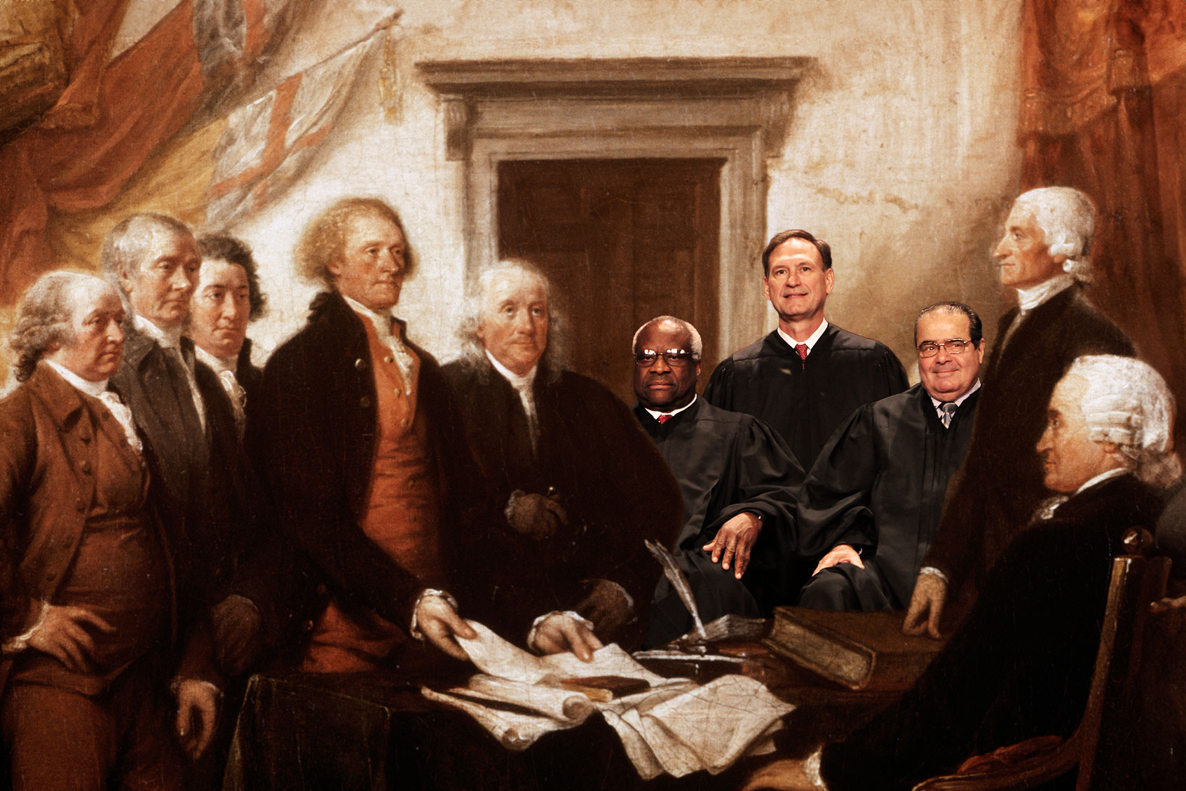 Clarence Thomas, Samuel Alito and Antonin Scalia within a John Trumbell painting of the signing of the Declaration of Independence. (Photo illustration by Salon/Getty Images)