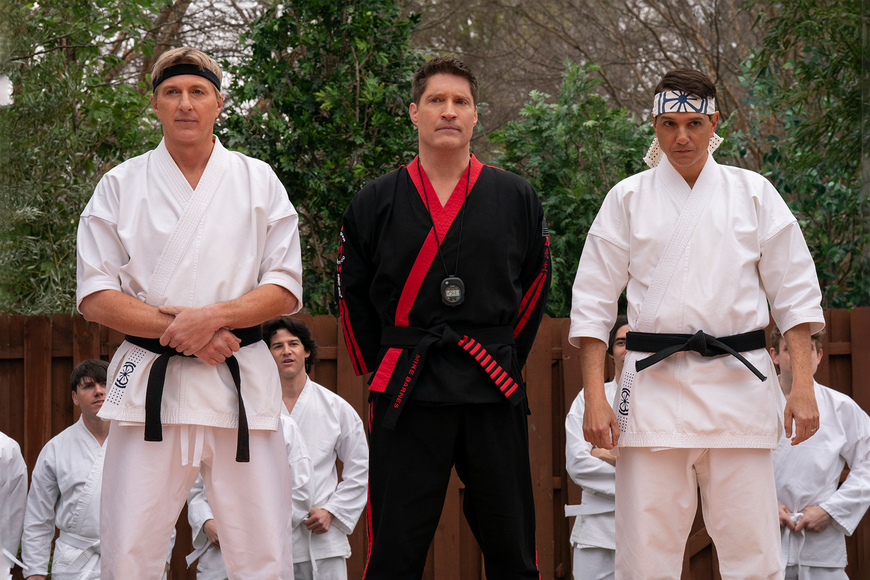 William Zabka as Johnny Lawrence, Sean Kanan as Mike Barnes and Ralph Macchio as Daniel LaRusso in "Cobra Kai" (Curtis Bonds Baker/Netflix)