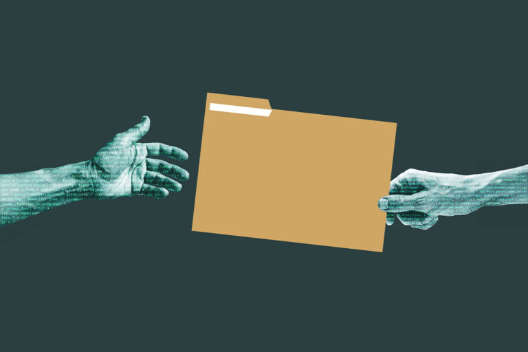Coded hand passing a folder (Photo illustration by Salon/Getty Images)