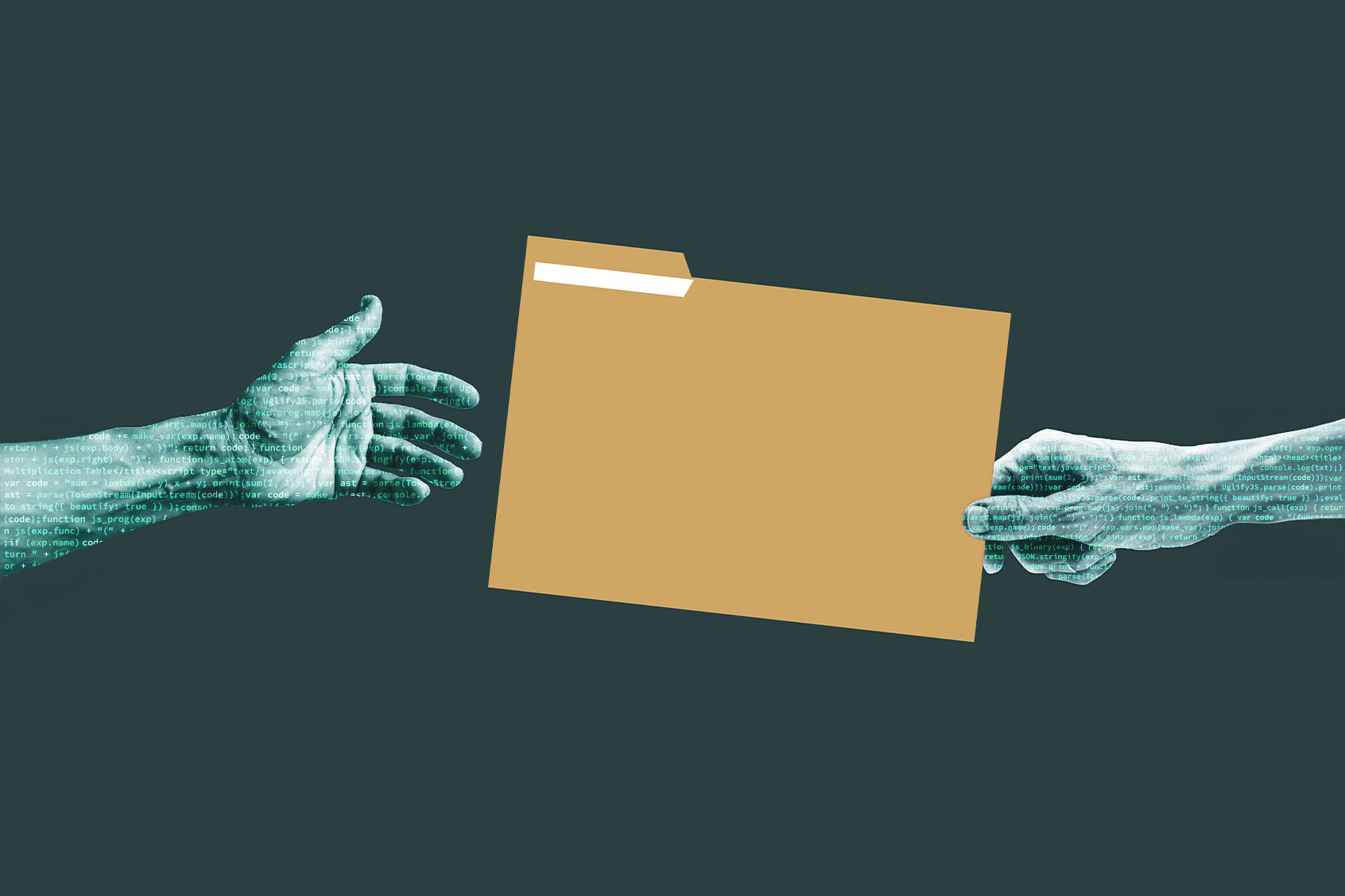 Coded hand passing a folder (Photo illustration by Salon/Getty Images)