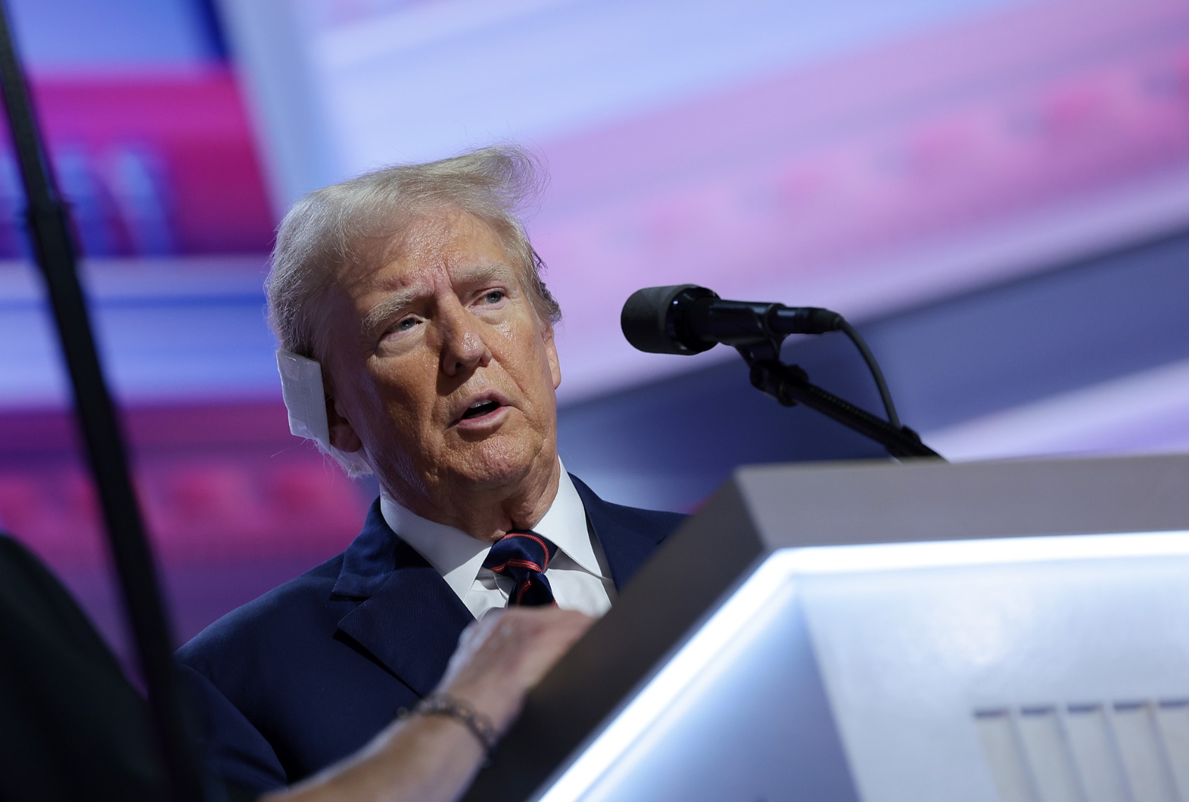 Republican presidential candidate, former U.S. President Donald Trump speaks onstage before the start of the third day of the Republican National Convention in the Fiserv Forum on July 17, 2024 in Milwaukee, Wisconsin. (Win McNamee/Getty Images)