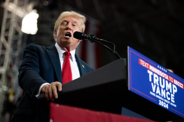 U.S. Republican Presidential nominee former President Donald Trump speaks during a rally at Herb Brooks National Hockey Center on July 27, 2024 in St Cloud, Minnesota. (Stephen Maturen/Getty Images)
