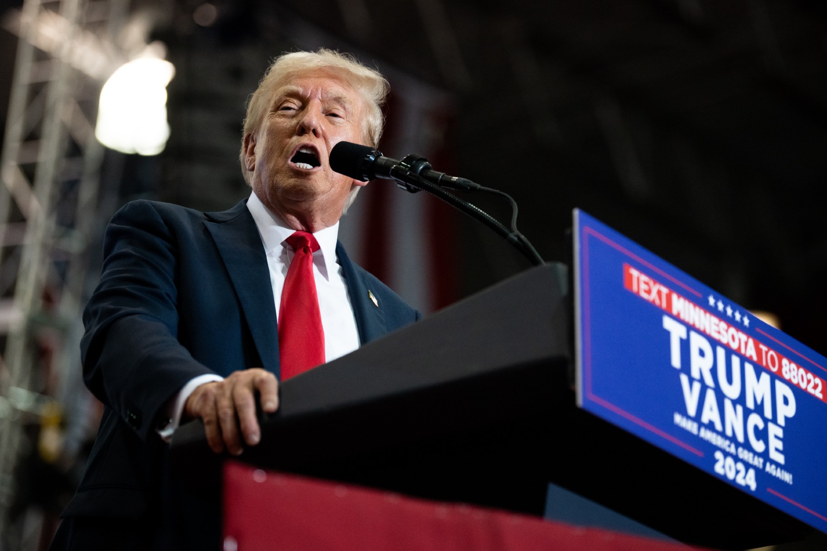 U.S. Republican Presidential nominee former President Donald Trump speaks during a rally at Herb Brooks National Hockey Center on July 27, 2024 in St Cloud, Minnesota. (Stephen Maturen/Getty Images)