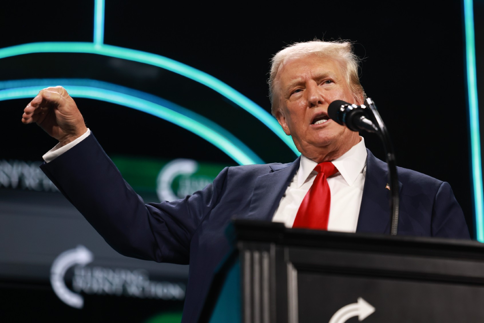 Former President Donald Trump speaks during a Turning Point USA Believers Summit conference at the Palm Beach Convention Center on July 26, 2024, in West Palm Beach, Florida. (Joe Raedle/Getty Images)