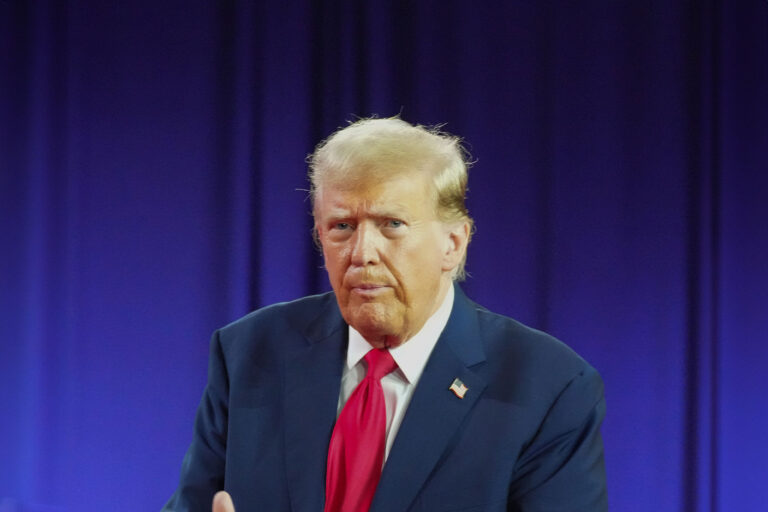 Donald Trump is addressing the Faith and Freedom Road to Majority Conference at the Washington Hilton in Washington, DC, on June 22, 2024. (Andrew Leyden/NurPhoto via Getty Images)