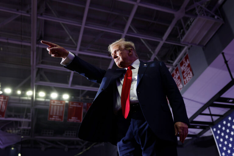 Republican presidential candidate, former U.S. President Donald Trump walks offstage after speaking at a campaign rally at the Liacouras Center on June 22, 2024 in Philadelphia, Pennsylvania. (Anna Moneymaker/Getty Images)