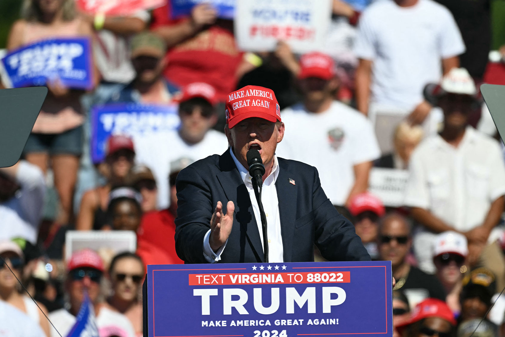 Former US President and Republican presidential candidate Donald Trump speaks during a campaign rally at the Historic Greenbrier Farms in Chesapeake, Virginia, on July 28, 2024. (JIM WATSON/AFP via Getty Images)