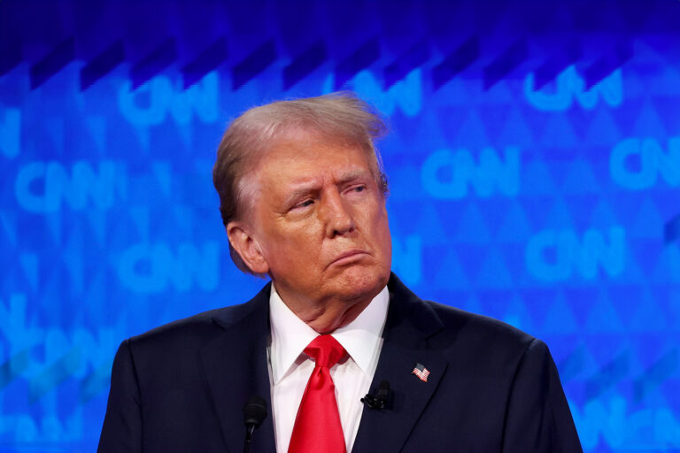 Republican presidential candidate, former U.S. President Donald Trump participates in the CNN Presidential Debate at the CNN Studios on June 27, 2024 in Atlanta, Georgia. (Justin Sullivan/Getty Images)