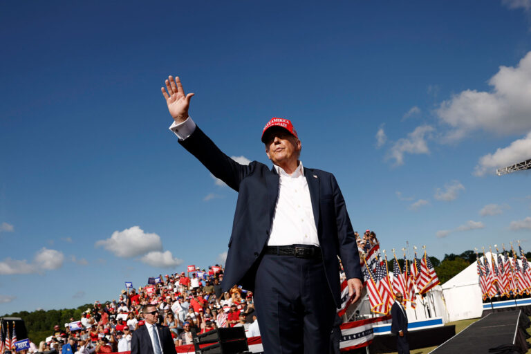 Republican presidential candidate, former U.S. President Donald Trump walks offstage after giving remarks at a rally at Greenbrier Farms on June 28, 2024 in Chesapeake, Virginia. (Anna Moneymaker/Getty Images)