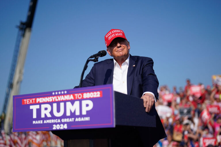 Former president Donald Trump speaks during a campaign rally for former President Donald Trump at Butler Farm Show Inc. on Saturday, July 13, 2024 in Butler, Pa. Trump ducked and was taken offstage after loud noises were heard after he began speaking. (Jabin Botsford/The Washington Post via Getty Images)
