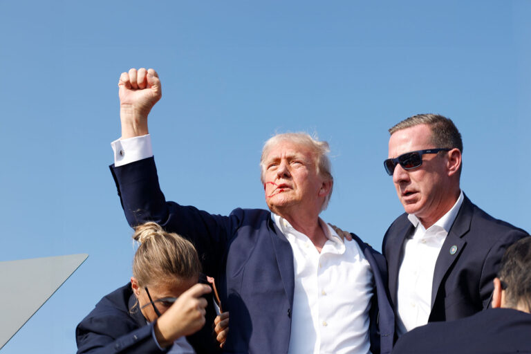 Republican presidential candidate former President Donald Trump is rushed offstage during a rally on July 13, 2024 in Butler, Pennsylvania. (Anna Moneymaker/Getty Images)