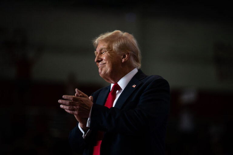 U.S. Republican Presidential nominee former President Donald Trump leaves the stage after speaking during a rally at Herb Brooks National Hockey Center on July 27, 2024 in St Cloud, Minnesota. (Stephen Maturen/Getty Images)