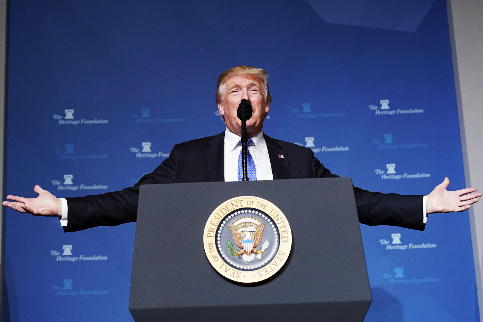 US President Donald Trump gives a speech on tax reform at the Heritage Foundation's President's Club Meeting at a hotel in Washington, DC, on October 17, 2017. (MANDEL NGAN/AFP via Getty Images)