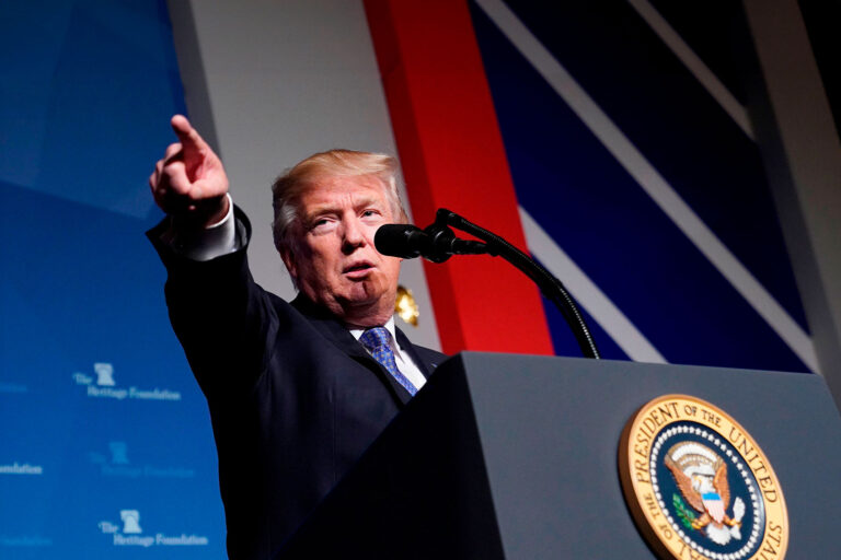 US President Donald Trump gives a speech on tax reform at the Heritage Foundation's President's Club Meeting at a hotel in Washington, DC, on October 17, 2017. (MANDEL NGAN/AFP via Getty Images)