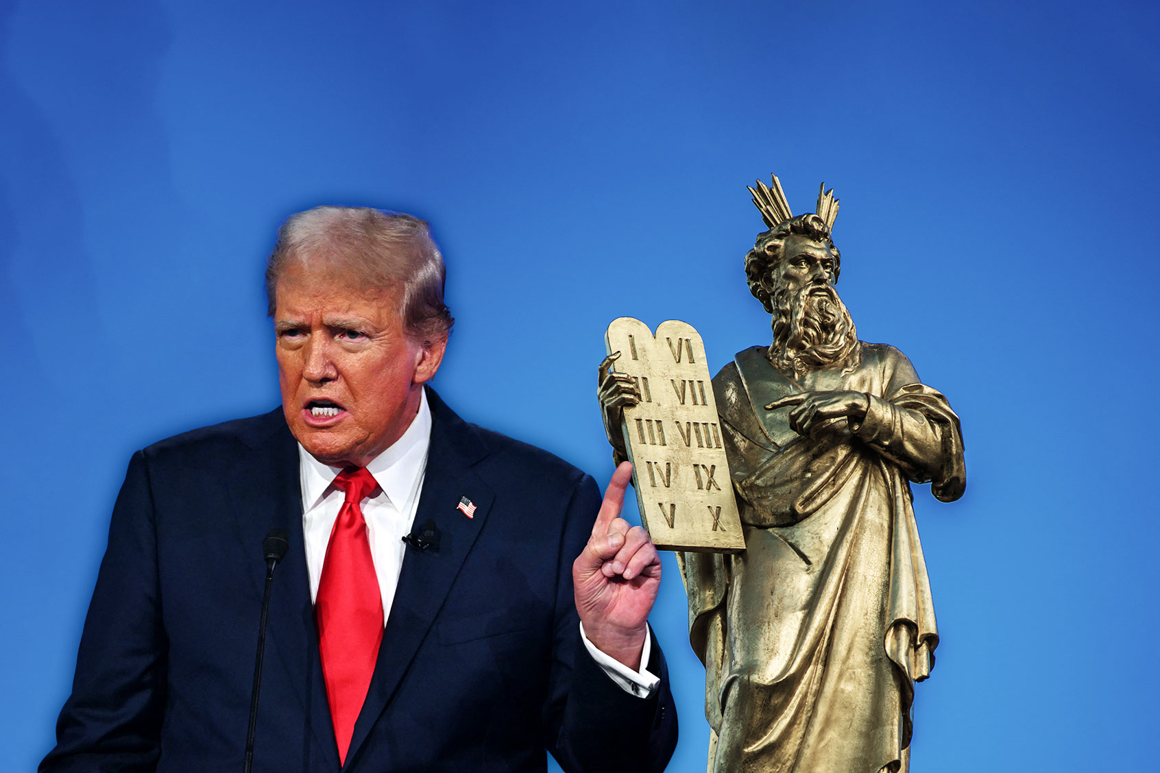 Donald Trump | Sculpture of Moses holding the Ten Commandments (Photo illustration by Salon/Getty Images)