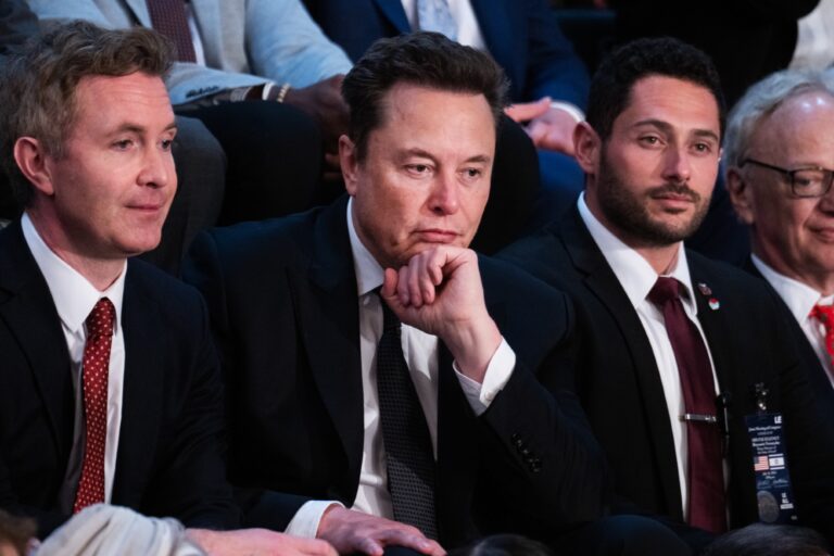Elon Musk listens to Israeli Prime Minister Benjamin Netanyahu address a joint meeting of Congress in the House chamber of the U.S. Capitol on Wednesday, July 24, 2024. (Tom Williams/CQ-Roll Call, Inc via Getty Images)