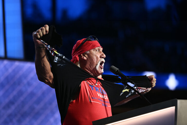 US pro-wrestler Hulk Hogan rips his shirt off to reveal a Trump-Vance campaign shirt during the last day of the 2024 Republican National Convention at the Fiserv Forum in Milwaukee, Wisconsin, on July 18, 2024. (BRENDAN SMIALOWSKI/AFP via Getty Images)