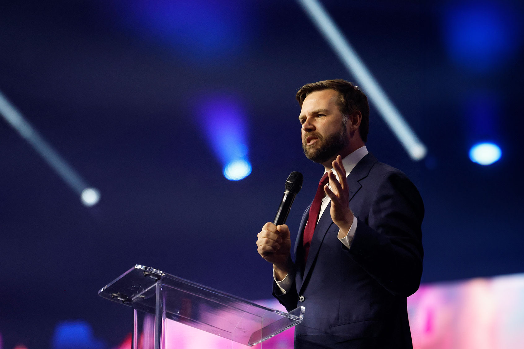US Sen, J. D. Vance, (R-OH) addresses the conservative Turning Point People's Convention on June 16, 2024 at Huntington Place in Detroit, Michigan. (JEFF KOWALSKY/AFP via Getty Images)