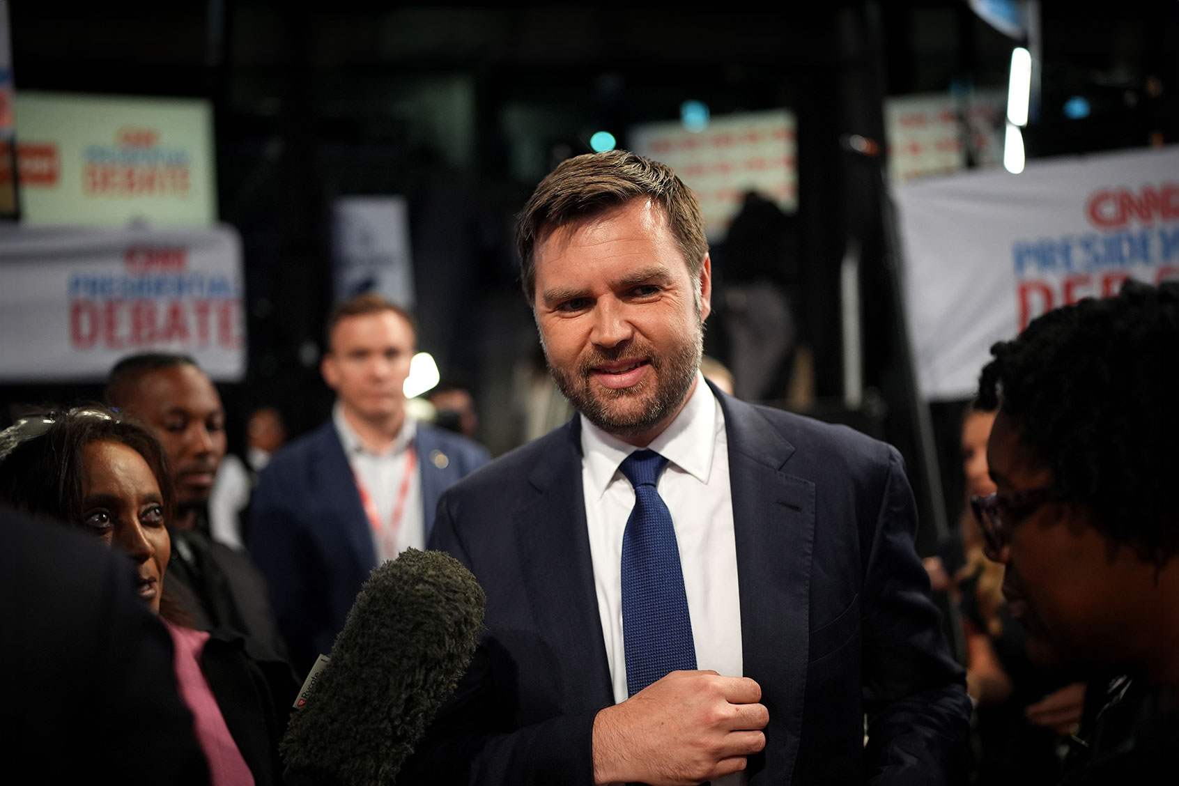 U.S. Sen. JD Vance (R-OH) speaks to reporters in the spin room following the CNN Presidential Debate between U.S. President Joe Biden and Republican presidential candidate, former U.S. President Donald Trump at the McCamish Pavilion on the Georgia Institute of Technology campus on June 27, 2024 in Atlanta, Georgia. (Andrew Harnik/Getty Images)