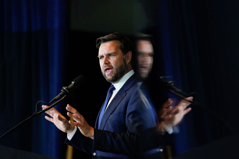 Republican vice-presidential nominee J.D. Vance speaks during a fundraising event at Discovery World on July 17, 2024, on the third day of the Republican National Convention in downtown Milwaukee, Wis. (Jabin Botsford/The Washington Post via Getty Images)