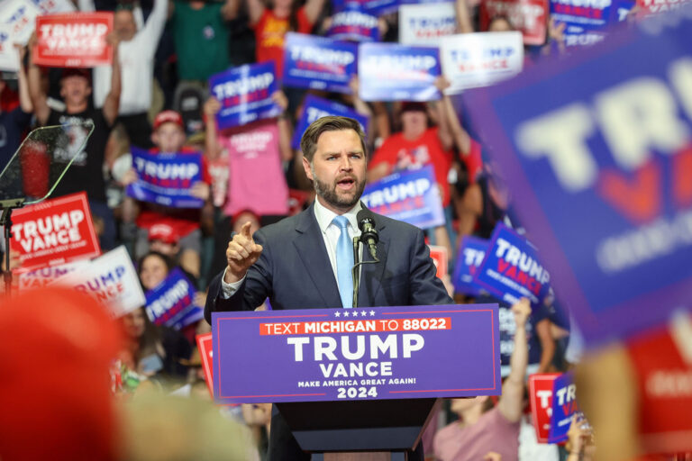 Vice Presidential candidate and Ohio Senator, JD Vance, speaks to supporters at the Van Andes Arena in Grand Rapids, MI on July 20, 2024. (Alex Wroblewski/The Washington Post via Getty Images)