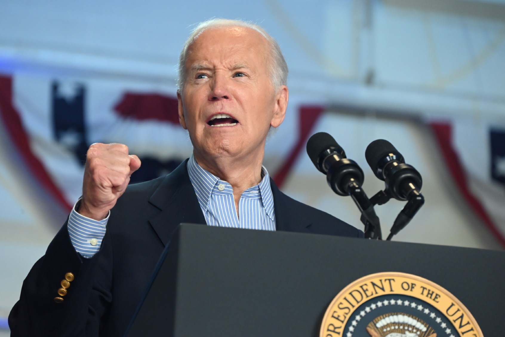 President of the United States Joe Biden delivers remarks at a campaign rally at Sherman Middle School in Madison, Wisconsin, United States on July 5, 2024. (Kyle Mazza/Anadolu via Getty Images)