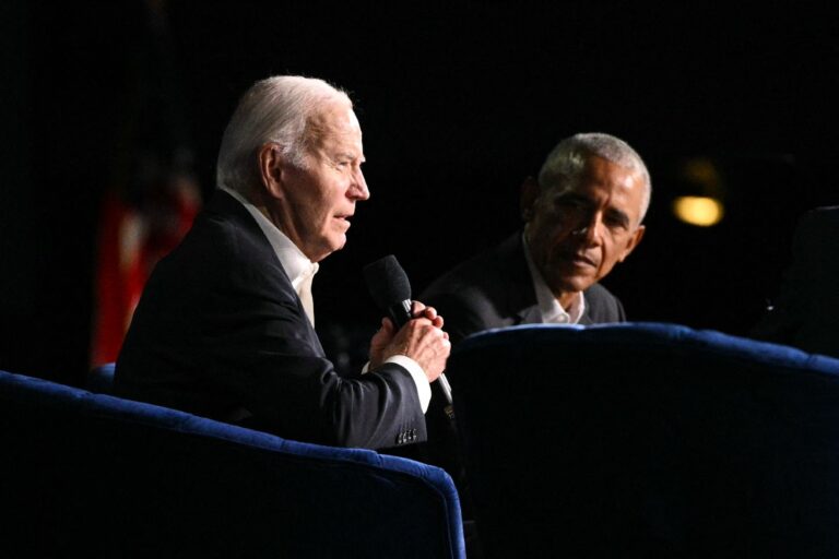 U.S. President Joe Biden (L) speaks next to former US President Barack Obama onstage during a campaign fundraiser at the Peacock Theater in Los Angeles on June 15, 2024. (MANDEL NGAN/AFP via Getty Images)