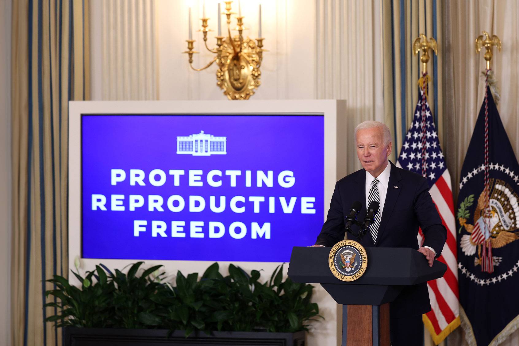 U.S. President Joe Biden delivers remarks during a meeting of the Reproductive Health Task Force at the White House on January 22, 2024 in Washington, DC. (Kevin Dietsch/Getty Images)