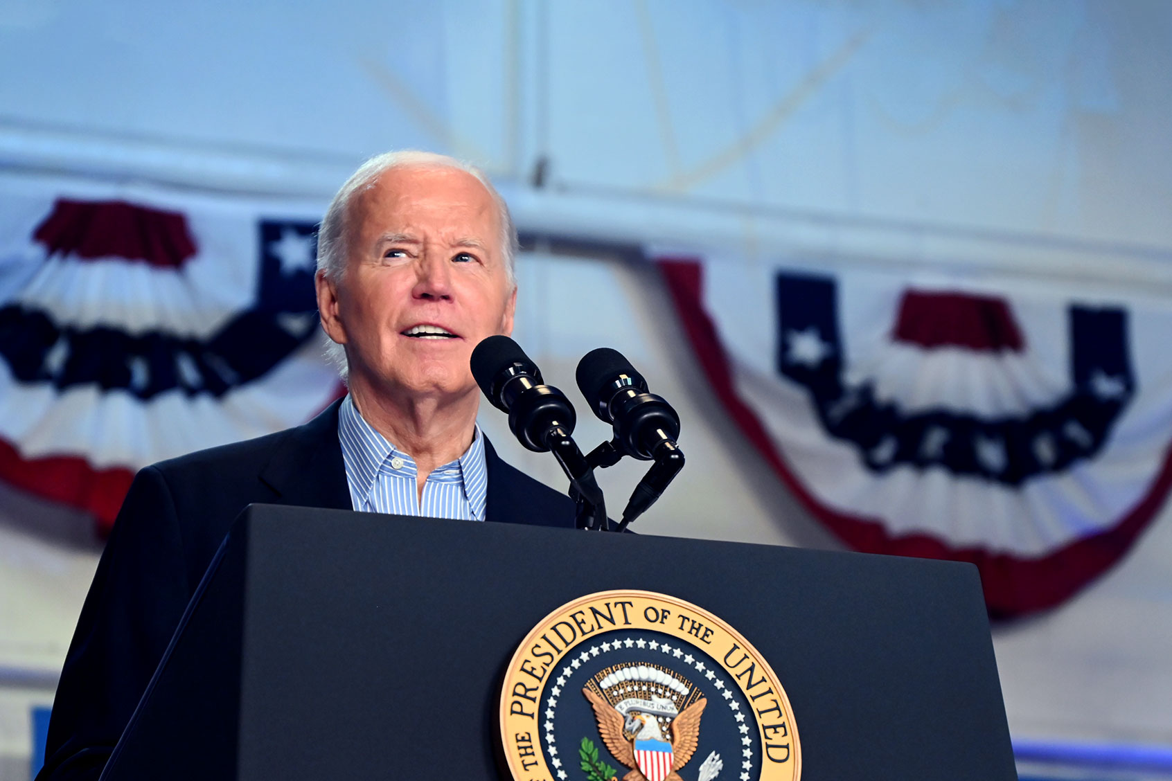 President of the United States Joe Biden delivers remarks at a campaign rally at Sherman Middle School in Madison, Wisconsin, United States on July 5, 2024. (Kyle Mazza/Anadolu via Getty Images)