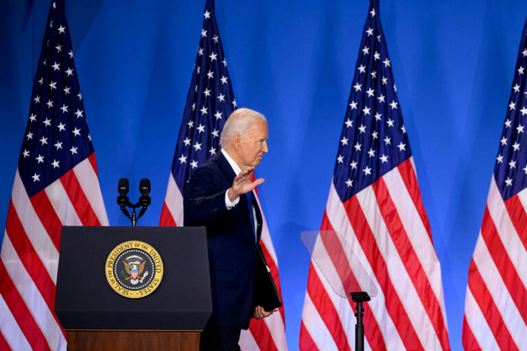 US President Joe Biden gestures as he leaves after speaking at a press conference at the close of the 75th NATO Summit at the Walter E. Washington Convention Center in Washington, DC on July 11, 2024. (MANDEL NGAN/AFP via Getty Images)
