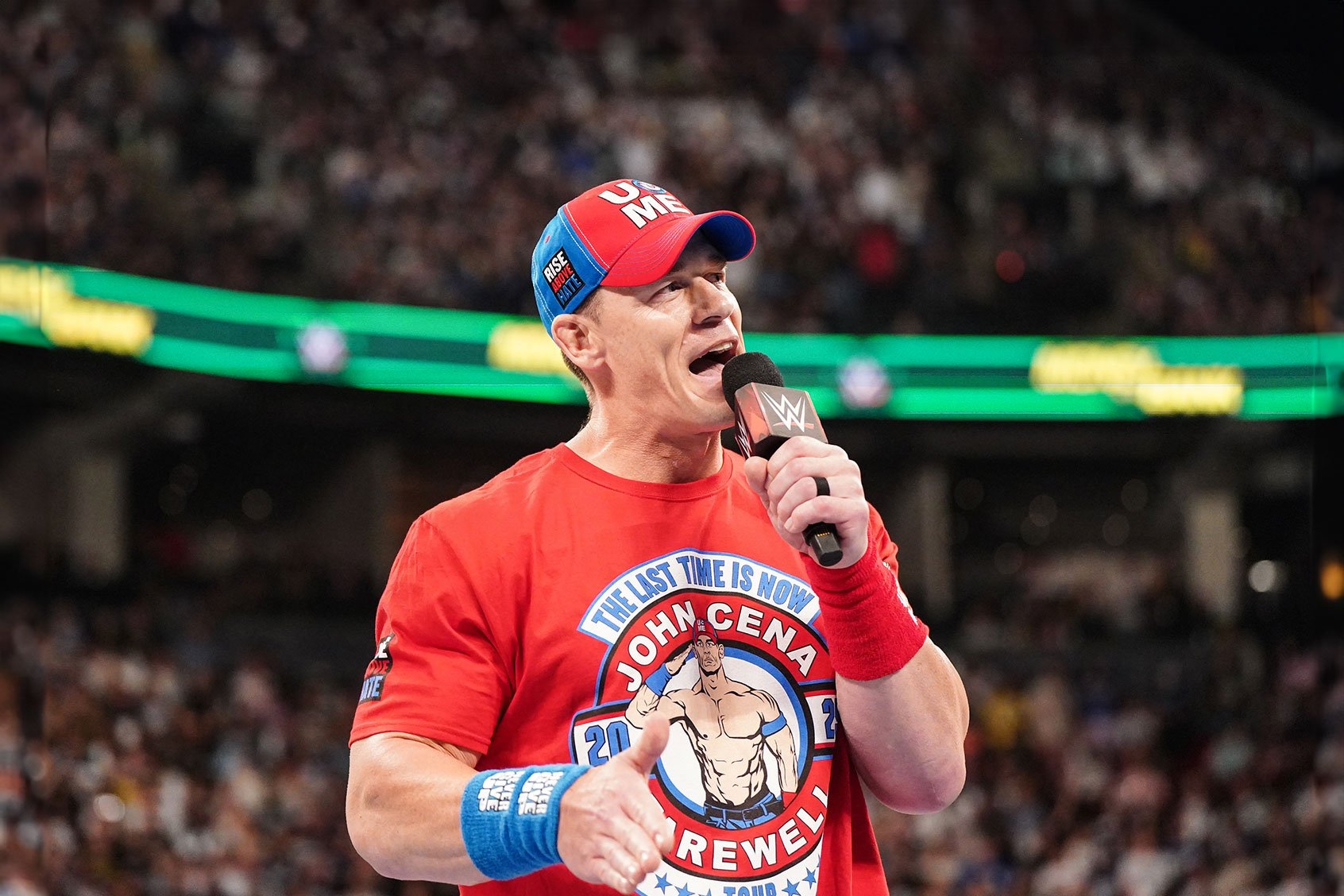 John Cena makes his way to the ring during Money in the Bank at Scotiabank Arena on July 6, 2024 in Toronto, Ontario. (WWE/Getty Images)