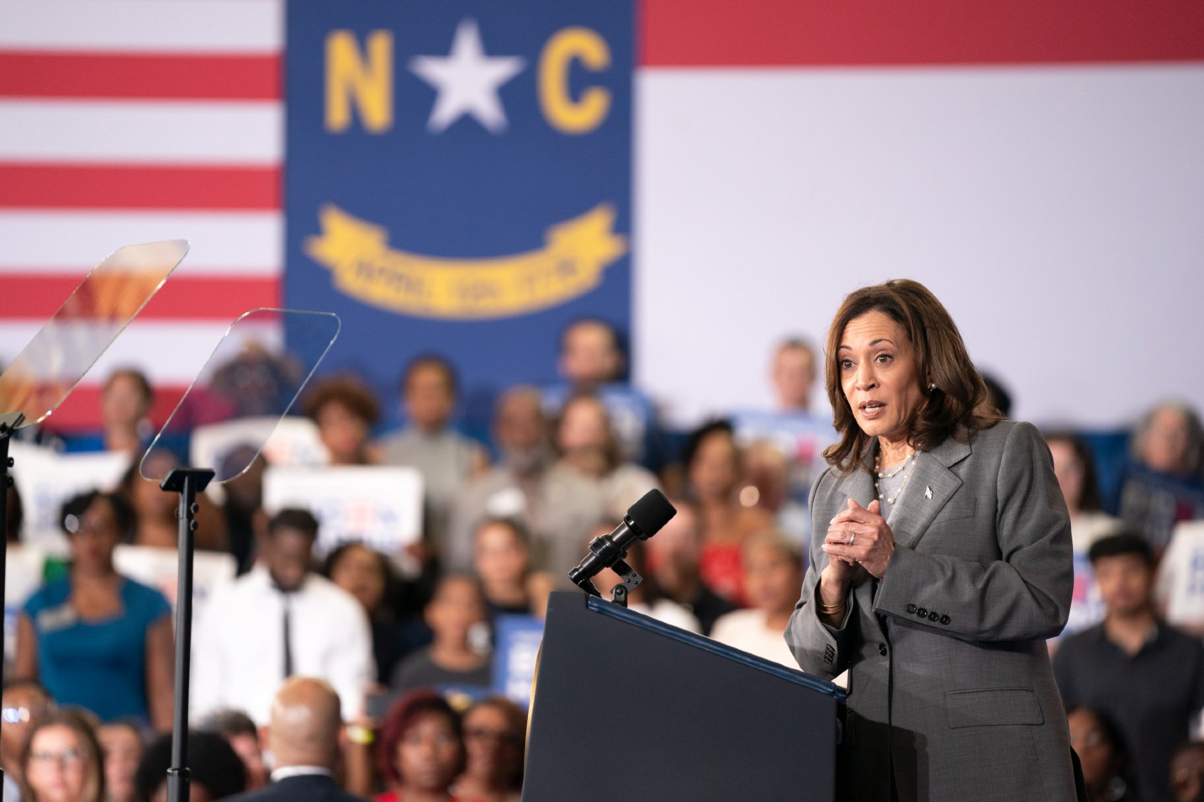 Vice President Kamala Harris speaks to a crowd during a campaign event at James B. Dudley High School on July 11, 2024, in Greensboro, North Carolina. (Sean Rayford/Getty Images)