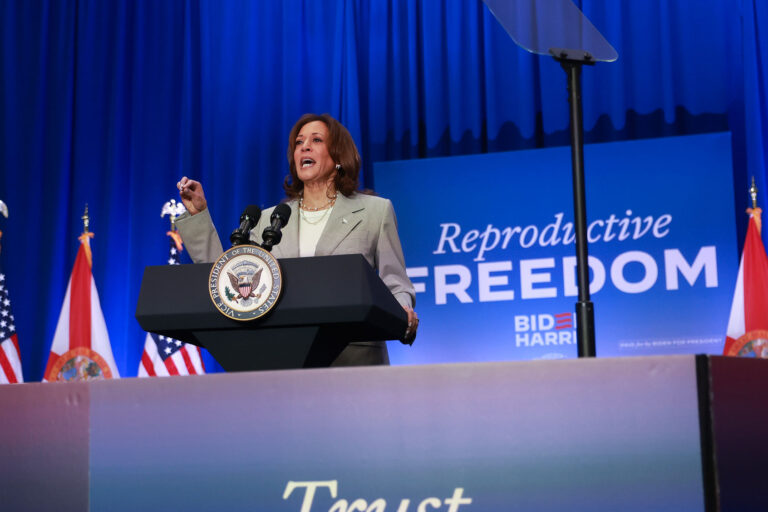 Vice President Kamala Harris speaks about Florida’s new 6-week abortion ban during an event at the Prime Osborn Convention Center on May 01, 2024 in Jacksonville, Florida. (Joe Raedle/Getty Images)