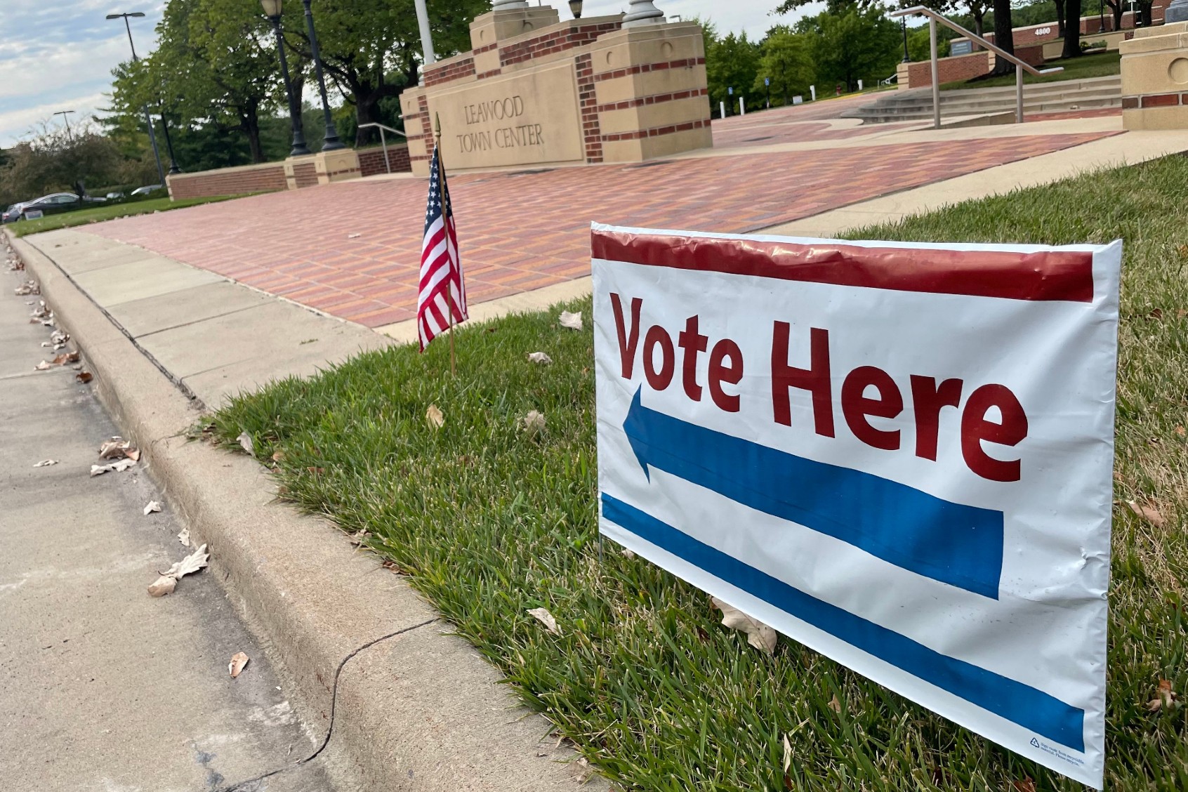 A "Vote Here" sign is displayed outside Leawood City Hall in Leawood, Kansas, on July 29, 2022 (Caitlin WILSON / AFP) (Photo by CAITLIN WILSON/AFP via Getty Images)