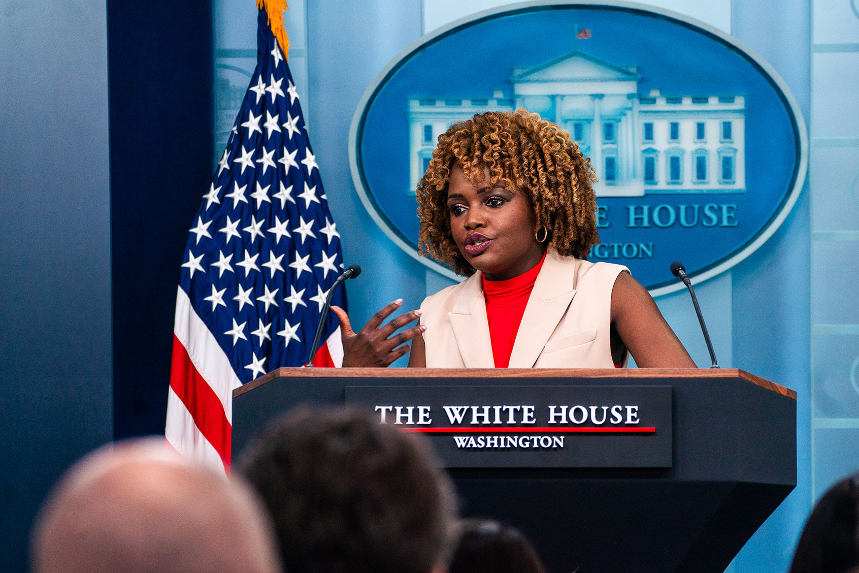 White House Press Secretary Karine Jean-Pierre during the Daily Briefing in The James S. Brady Press Briefing Room at the White House on Wednesday July 3, 2024. (Demetrius Freeman/The Washington Post via Getty Images)