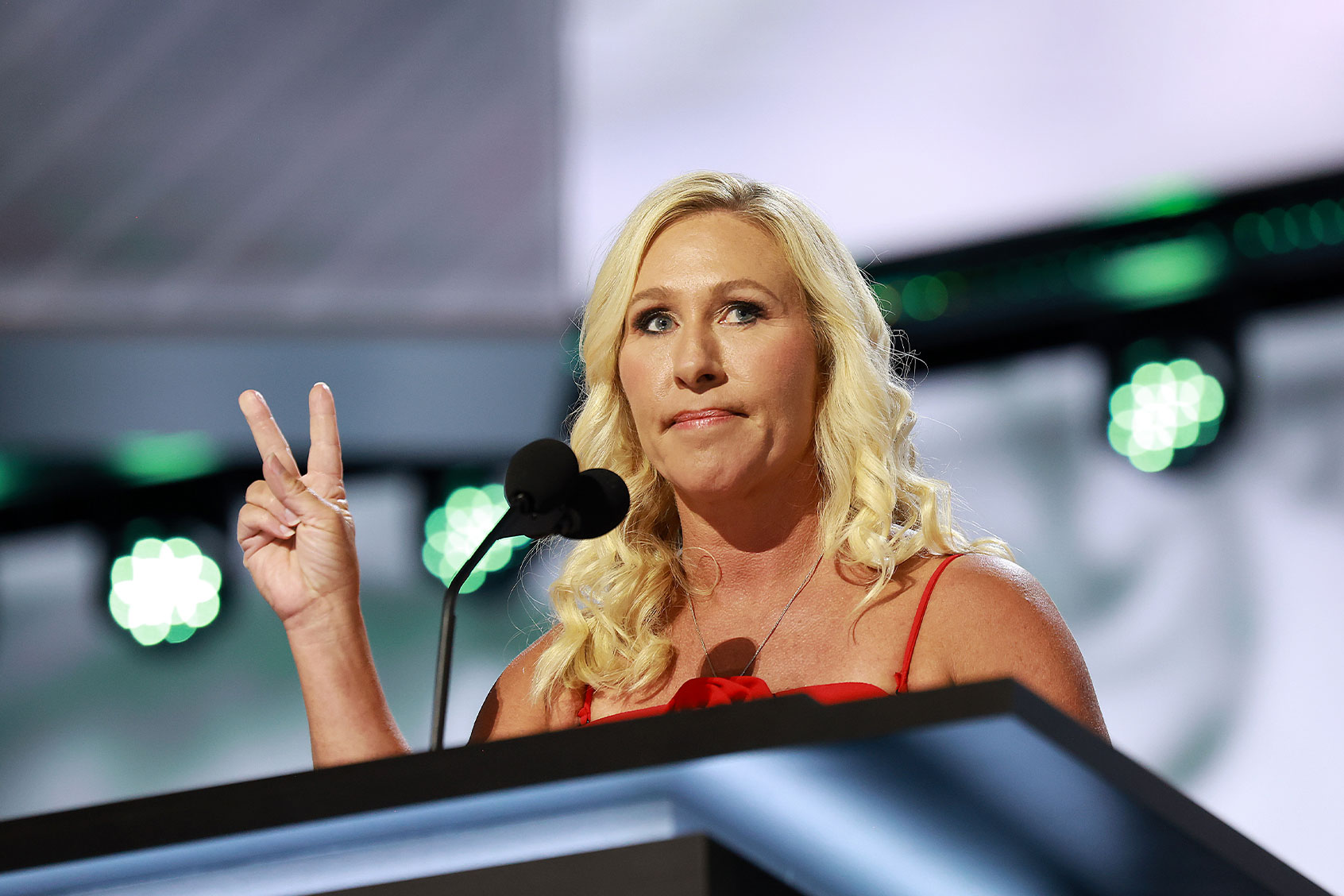 U.S. Rep. Marjorie Taylor Greene (R-GA) speaks on stage on the first day of the Republican National Convention at the Fiserv Forum on July 15, 2024 in Milwaukee, Wisconsin. (Joe Raedle/Getty Images)