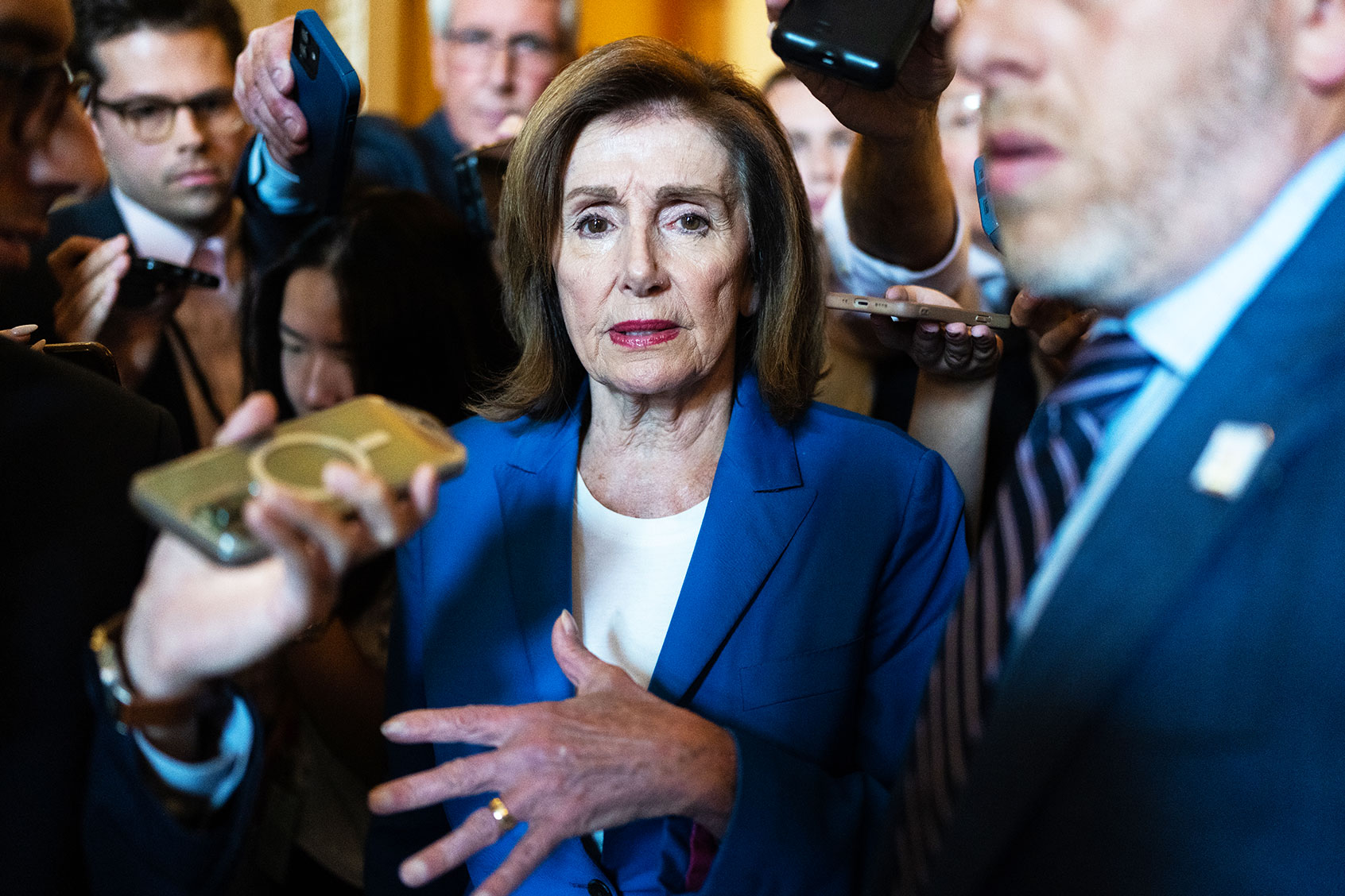 Rep. Nancy Pelosi, D-Calif., talks with reporters in the U.S. Capitol about the presidential debate between President Joe Biden and former President Donald Trump on Friday, June 28, 2024. (Tom Williams/CQ-Roll Call, Inc via Getty Images)