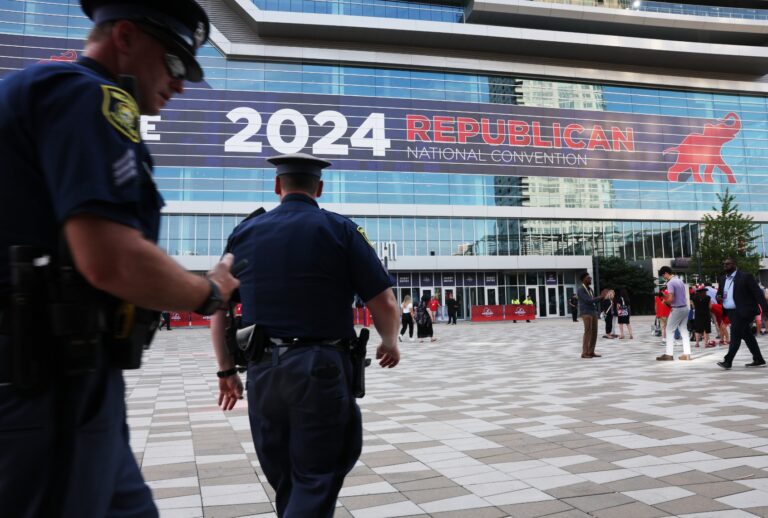 Police patrol outside Fiserv Forum as the Republican National Convention begins on July 15, 2024 in Milwaukee, Wisconsin. (Spencer Platt/Getty Images)
