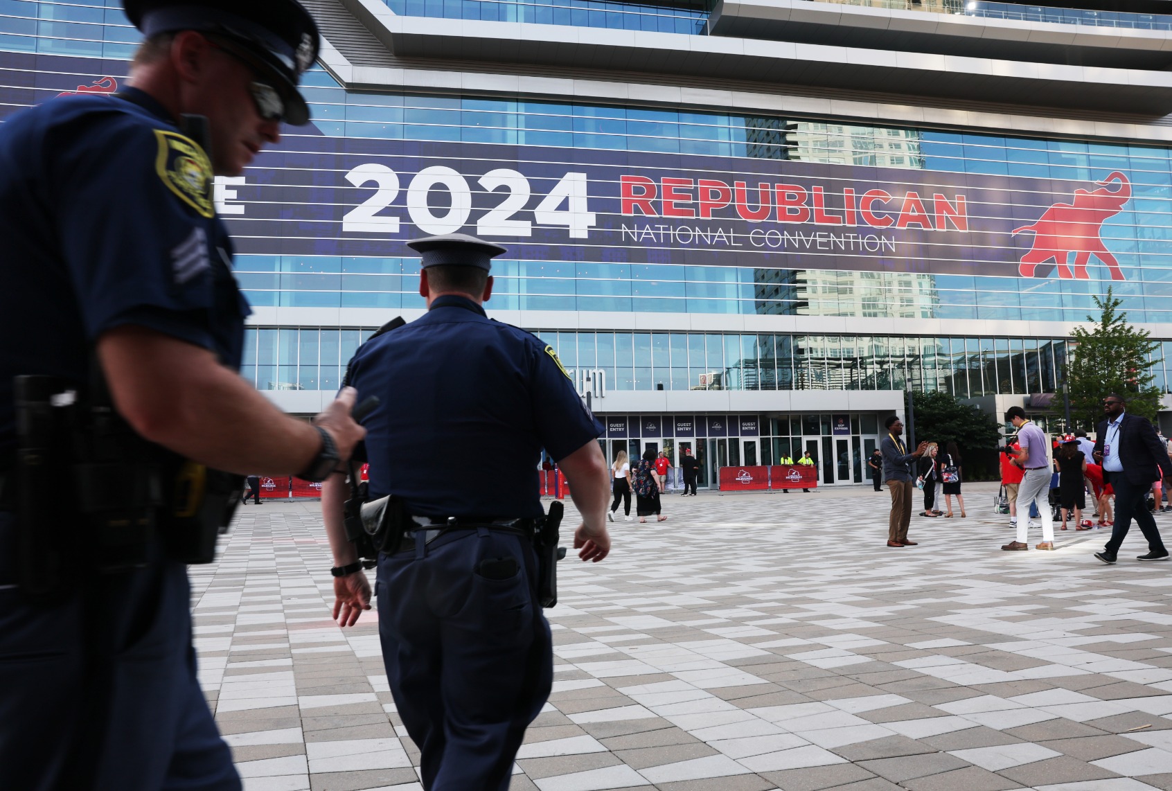 Police patrol outside Fiserv Forum as the Republican National Convention begins on July 15, 2024 in Milwaukee, Wisconsin. (Spencer Platt/Getty Images)