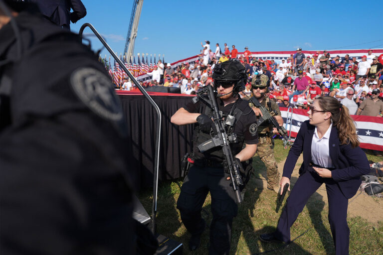 Secret service agents approach the stage during a campaign rally for former President Donald Trump at Butler Farm Show Inc. on Saturday, July 13, 2024 in Butler, Pa. (Jabin Botsford/The Washington Post via Getty Images)
