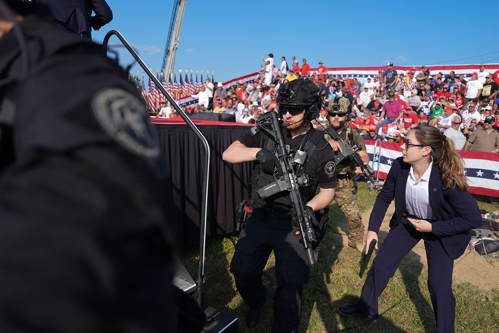 Secret service agents approach the stage during a campaign rally for former President Donald Trump at Butler Farm Show Inc. on Saturday, July 13, 2024 in Butler, Pa. (Jabin Botsford/The Washington Post via Getty Images)