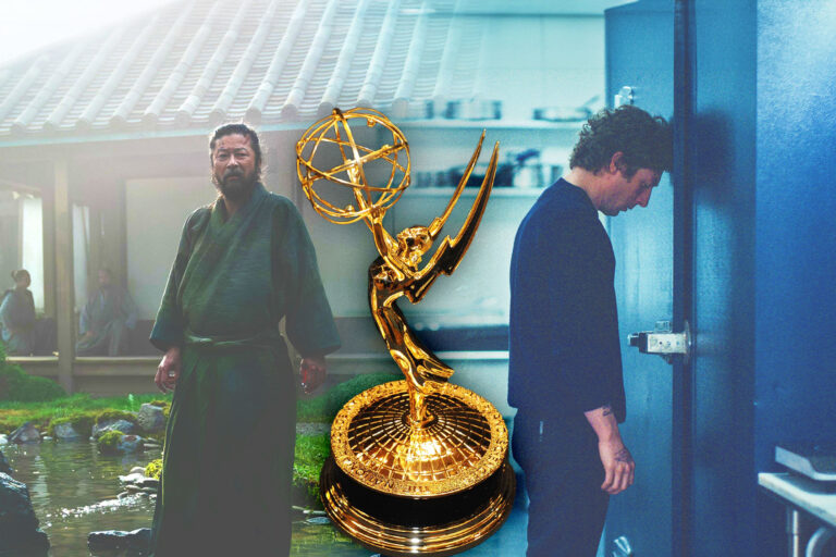 Emmy Awards Trophy between Tadanobu Asano as Kashigi Yabushige on "Shogun" and Jeremy Allen White as Carmen “Carmy” Berzatto on "The Bear." (Photo illustration by Salon/Getty Images/Katie Yu/FX Networks)