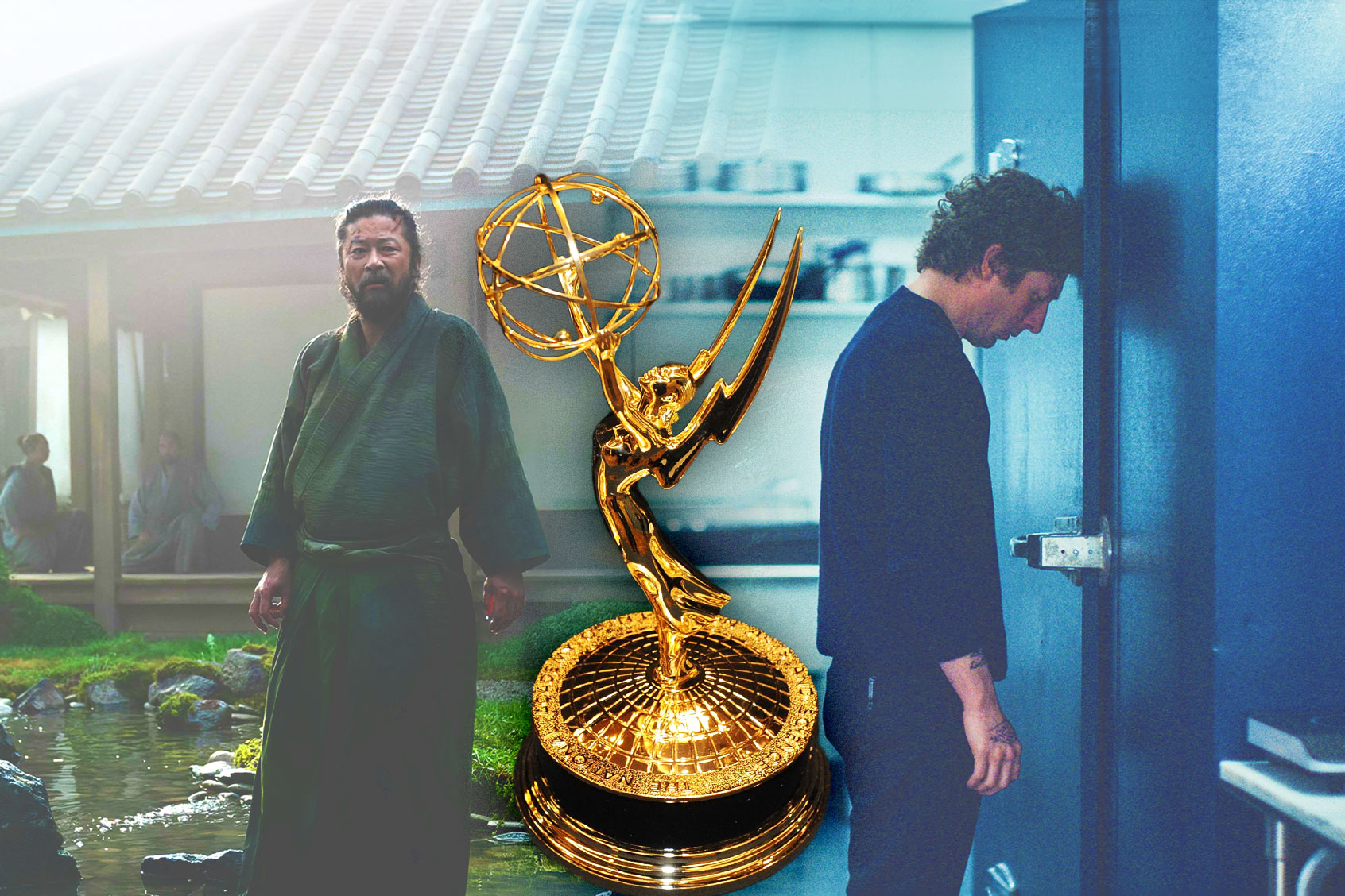 Emmy Awards Trophy between Tadanobu Asano as Kashigi Yabushige on "Shogun" and Jeremy Allen White as Carmen “Carmy” Berzatto on "The Bear." (Photo illustration by Salon/Getty Images/Katie Yu/FX Networks)