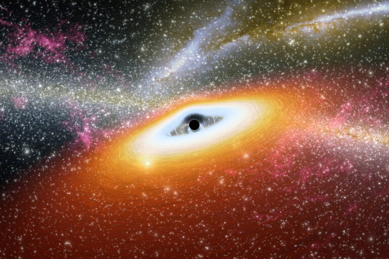 This artist's conception illustrates one of the most primitive supermassive black holes known (central black dot) at the core of a young, star-rich galaxy. (Universal History Archive/Universal Images Group via Getty Images)