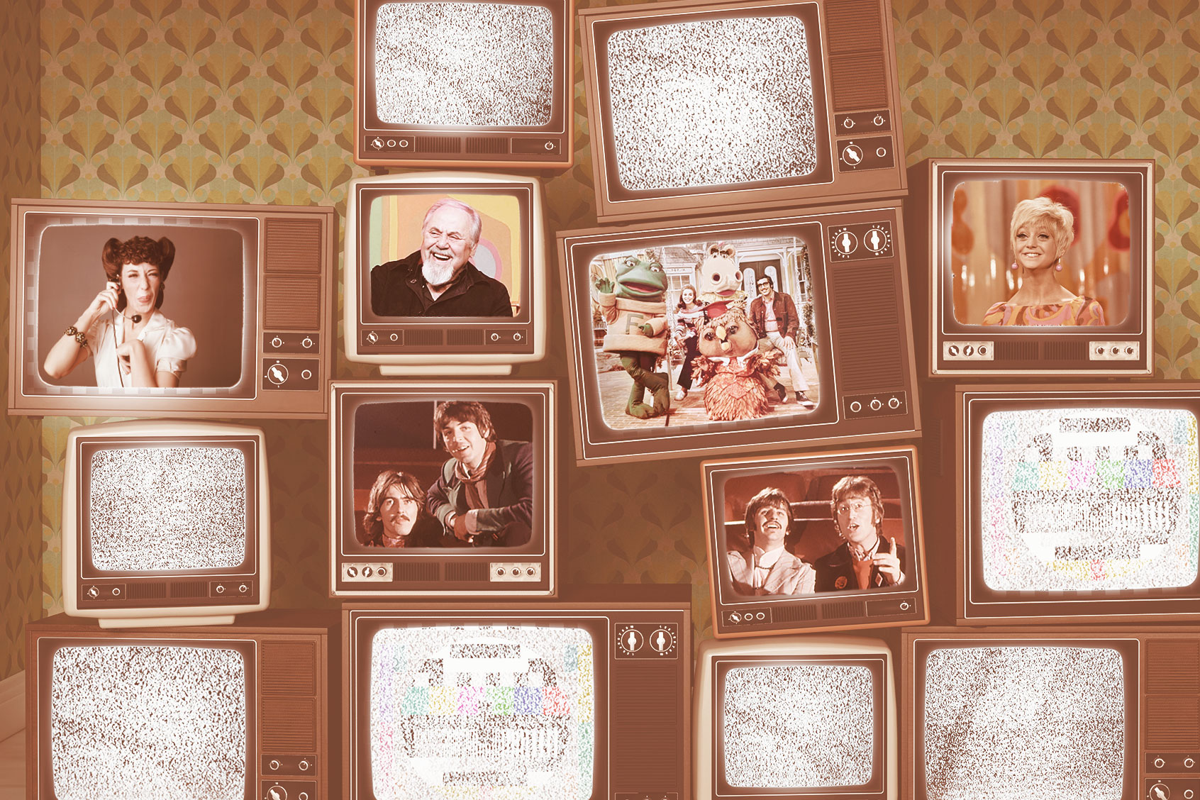 The Beatles, New Zoo Revue and Rowan & Martin's Laugh-In on television screens. (Photo illustration by Salon/Getty Images/Laguna Productions)