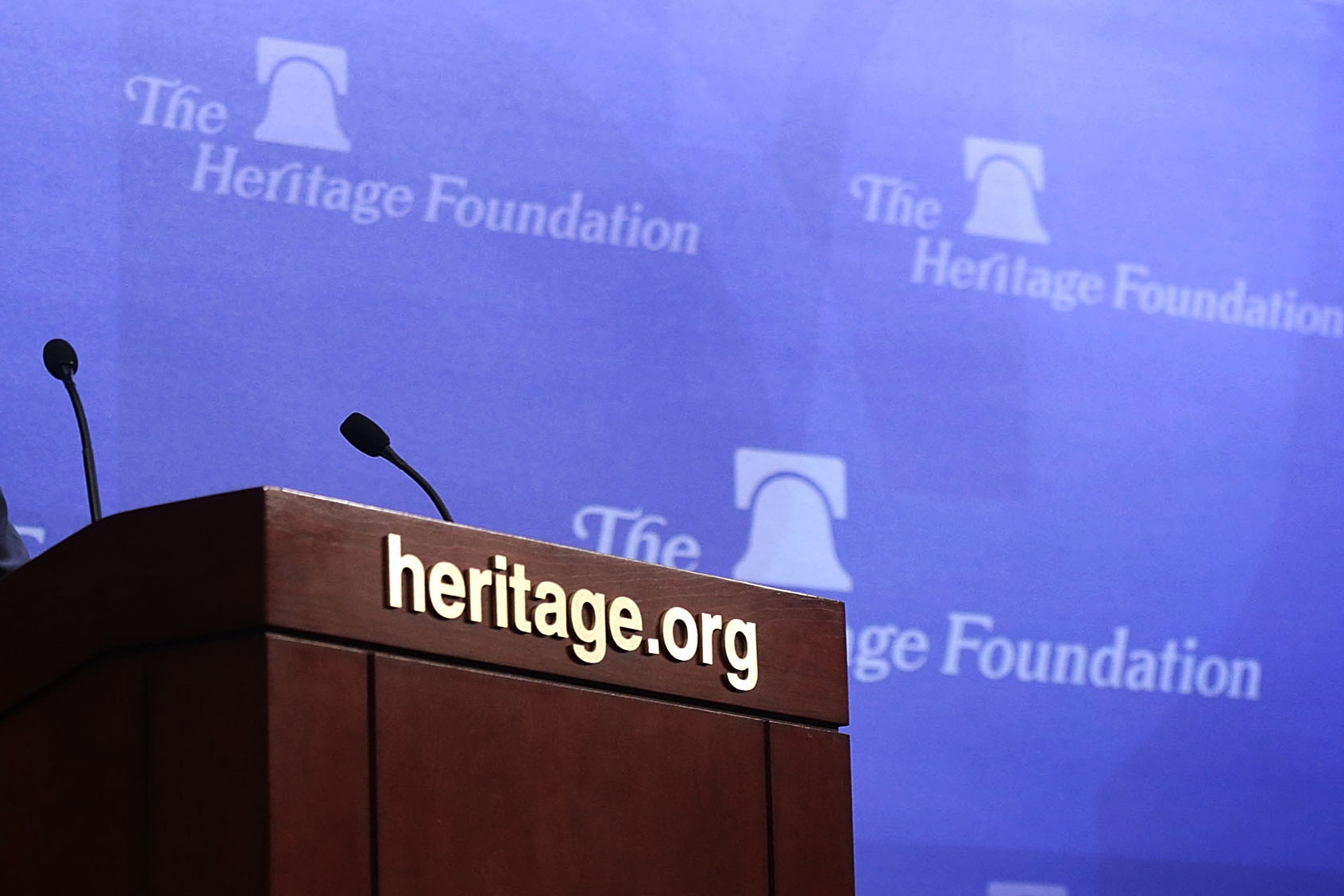 Podium at the Heritage Foundation in Washington, DC. (Alex Wong/Getty Images)